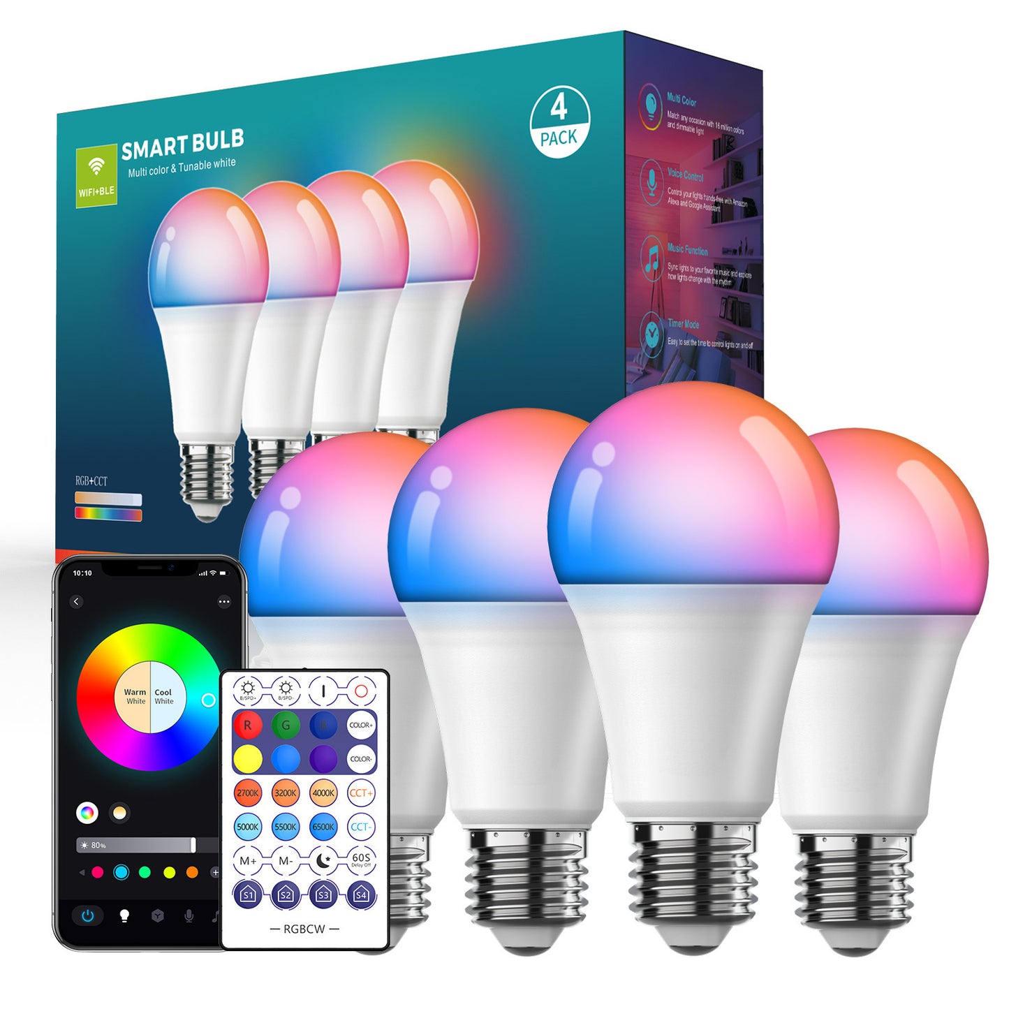 Tuya Smart Bluetooth Light Bulb – RGBCW Color Changing LED, APP & Mobile Control, Works with Alexa & Google Home