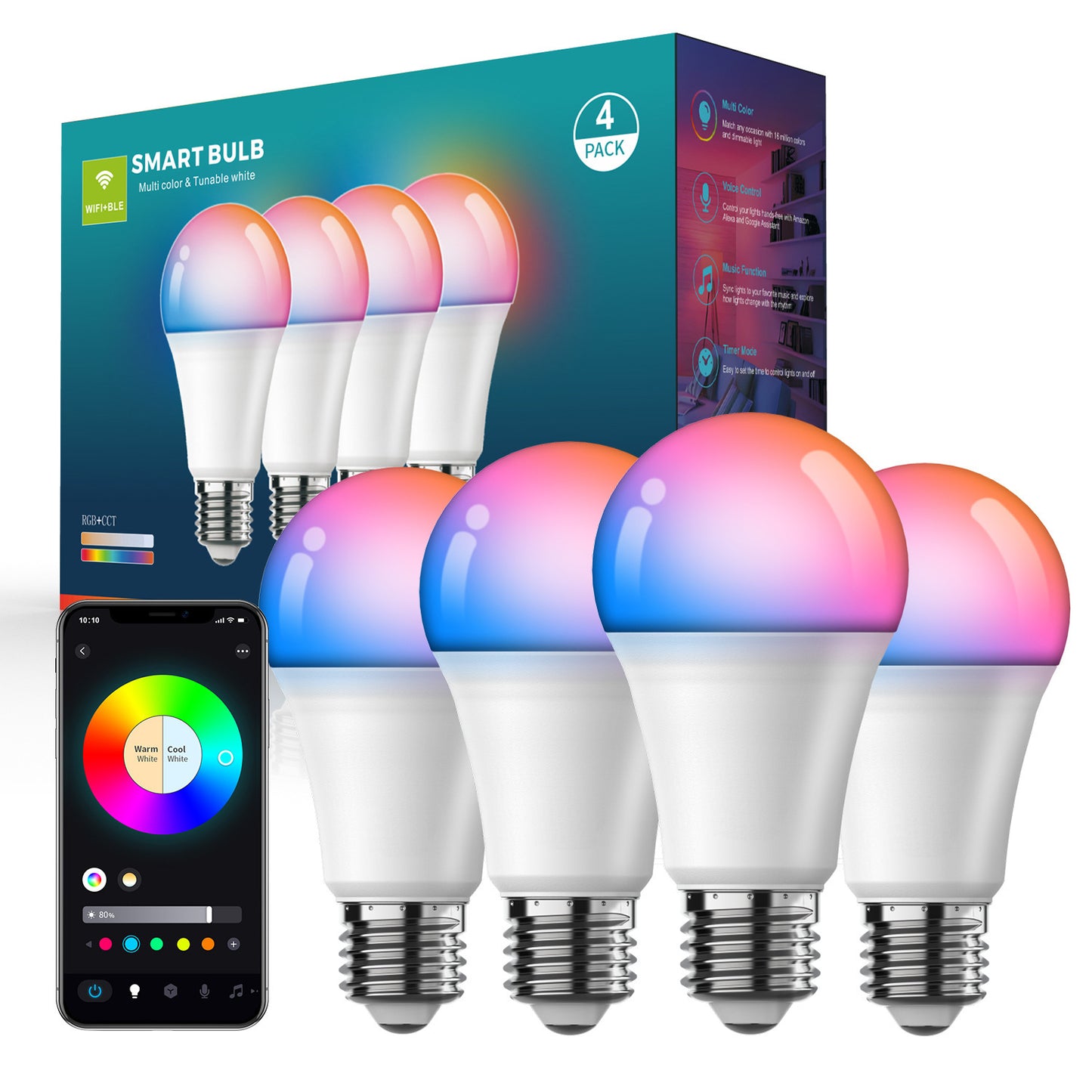 Tuya Smart Bluetooth Light Bulb – RGBCW Color Changing LED, APP & Mobile Control, Works with Alexa & Google Home